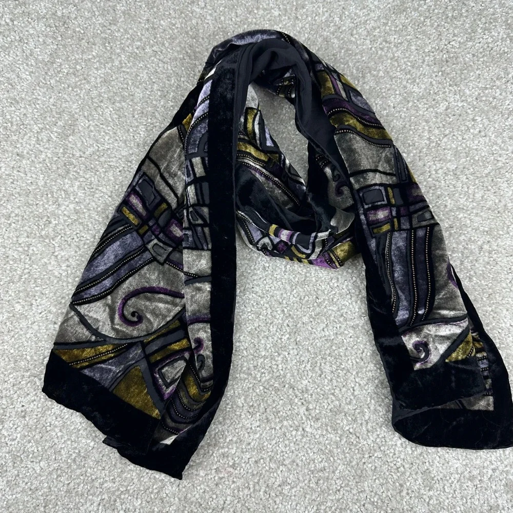 Art Deco Velvet Silk Burnout Scarf Stained Glass Devore Wrap Purple Gold Black
